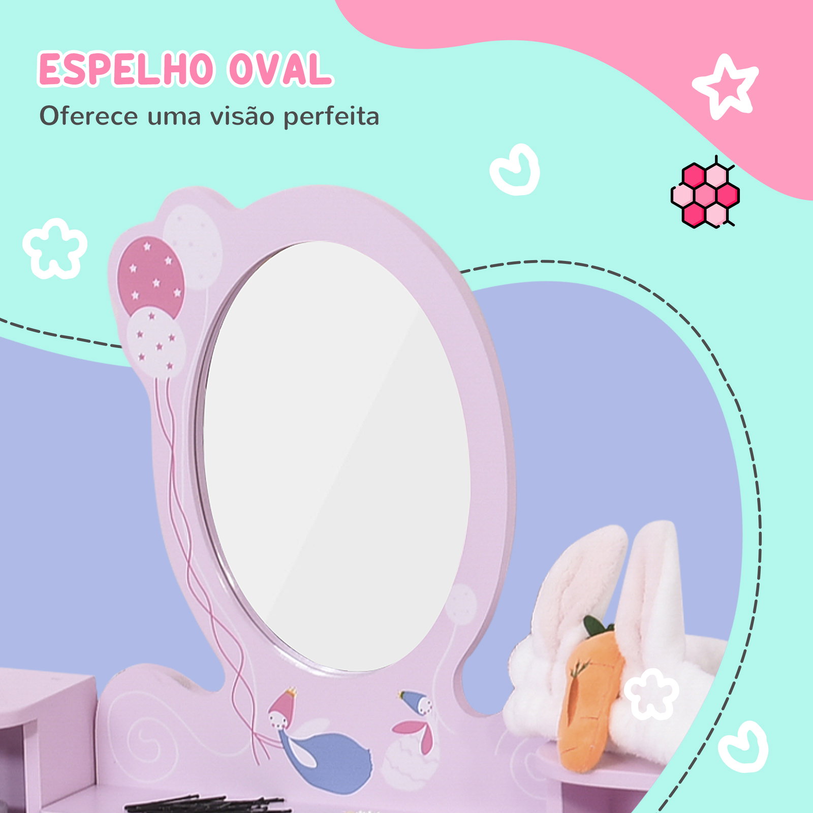 Toucador infantil com banco e espelho mesa de maquilhagem infantil estilo princesa de madeira 59x39x92cm rosa