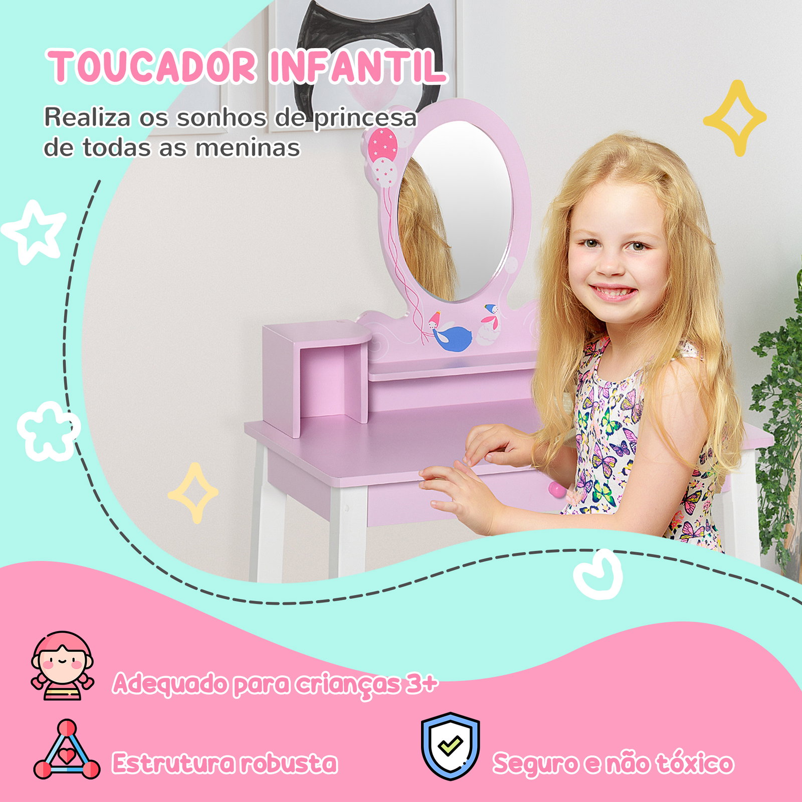 Toucador infantil com banco e espelho mesa de maquilhagem infantil estilo princesa de madeira 59x39x92cm rosa