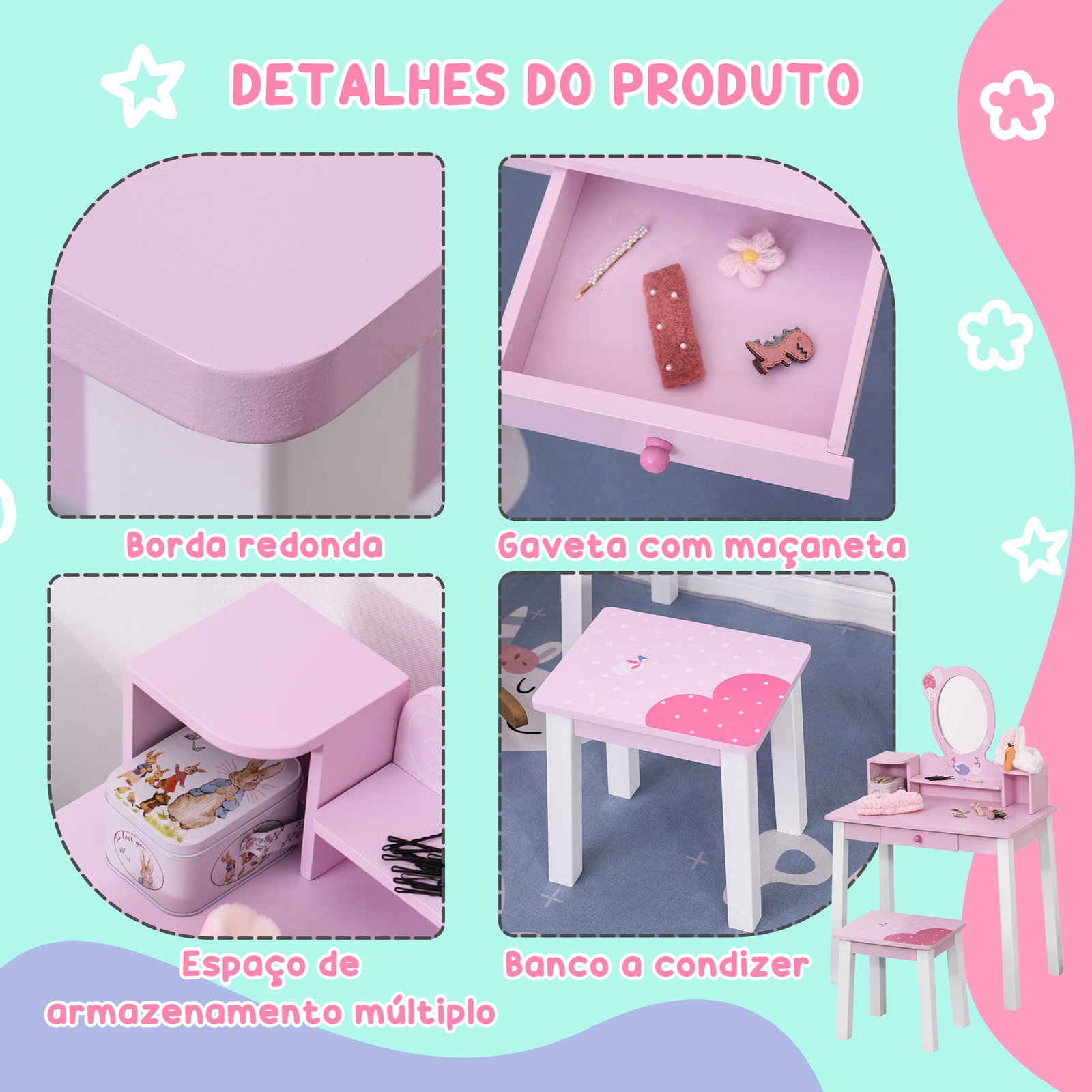 Toucador infantil com banco e espelho mesa de maquilhagem infantil estilo princesa de madeira 59x39x92cm rosa