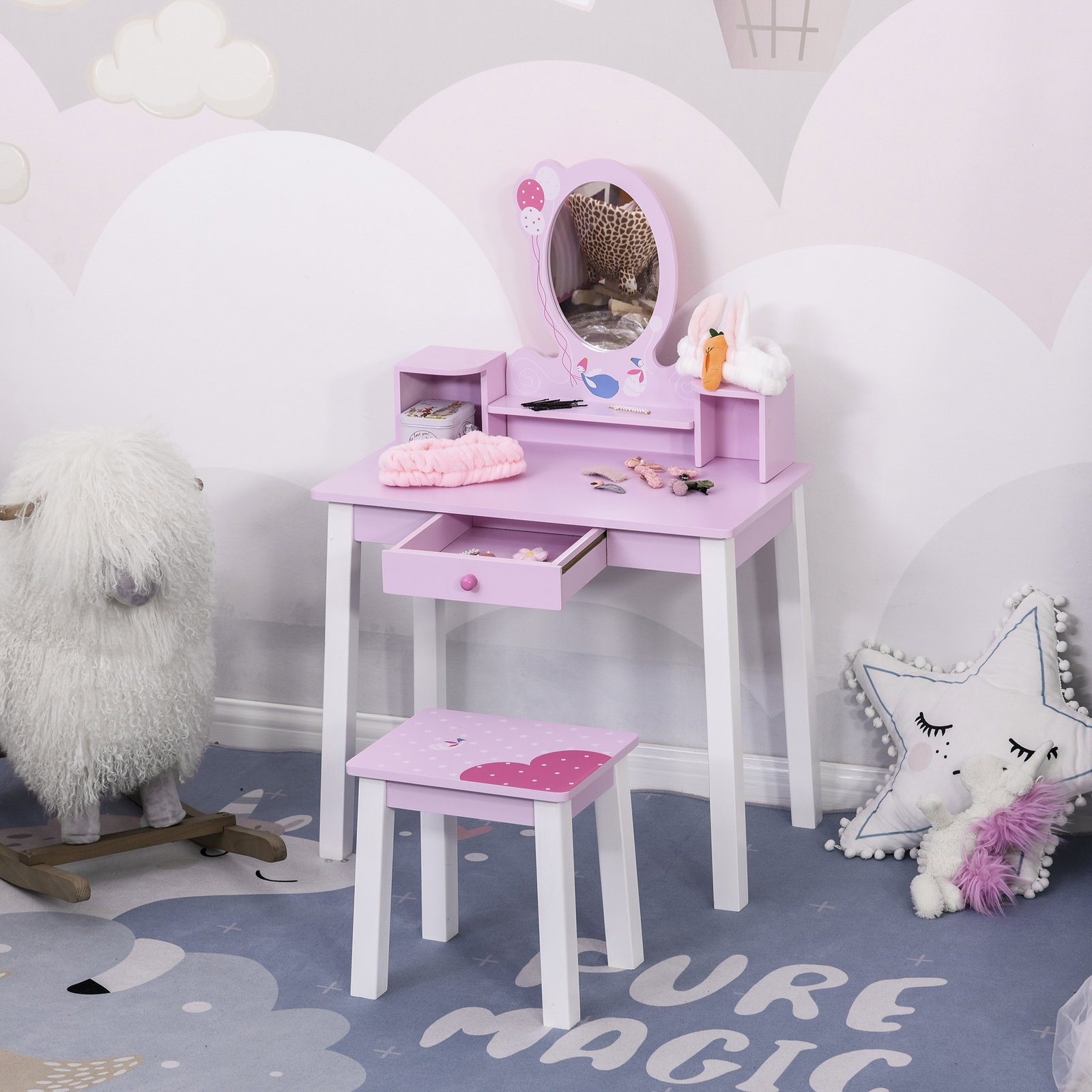 Toucador infantil com banco e espelho mesa de maquilhagem infantil estilo princesa de madeira 59x39x92cm rosa
