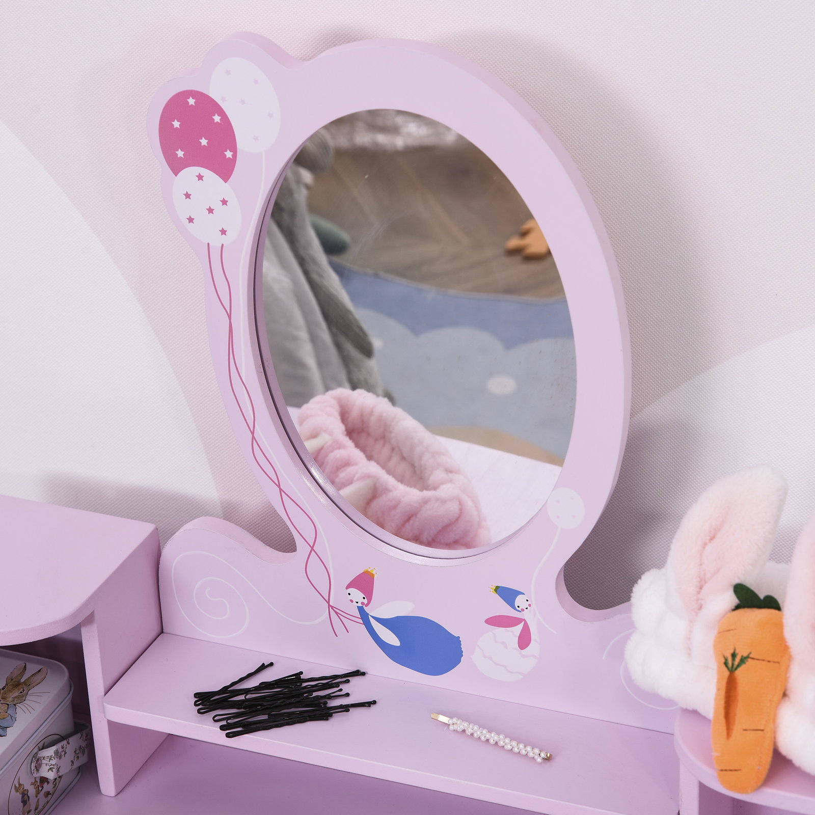 Toucador infantil com banco e espelho mesa de maquilhagem infantil estilo princesa de madeira 59x39x92cm rosa