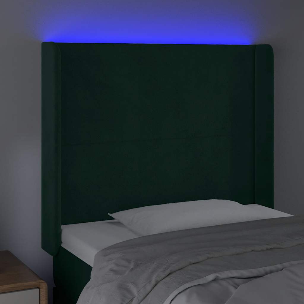 Cabeceira cama c/ luzes LED veludo 93x16x118/128cm verde-escuro