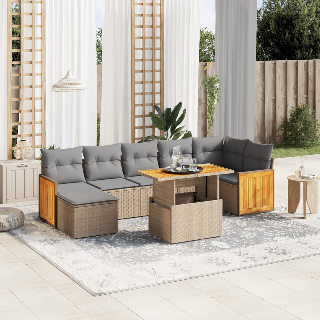 8 Pcs conjunto de sofás p/ jardim com almofadões vime PE bege