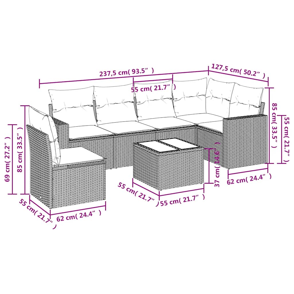 7 Pcs conjunto de sofás p/ jardim c/ almofadões vime PE preto