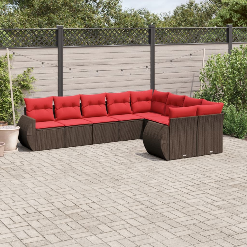 Conjunto de sofá de jardim com 9 peças e almofadas em rattan sintético marrom