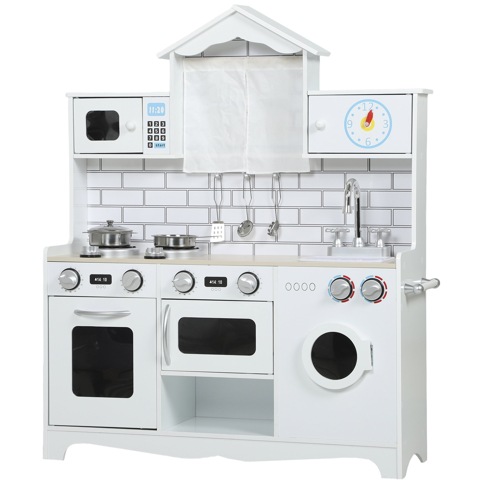 Cozinha de madeira com som cozinha de brincar com acessórios em aço inoxidável máquina de lavar micro-ondas, lava-loiça 79,5x24x94 cm branco