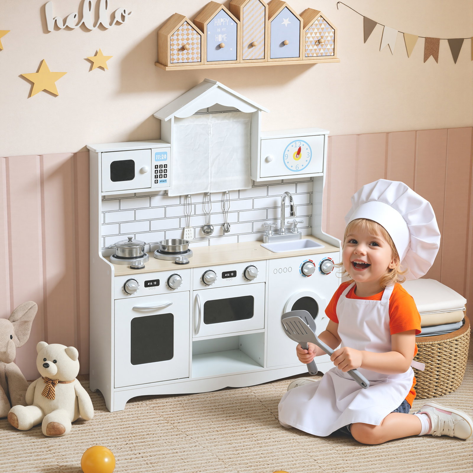 Cozinha de madeira com som cozinha de brincar com acessórios em aço inoxidável máquina de lavar micro-ondas, lava-loiça 79,5x24x94 cm branco