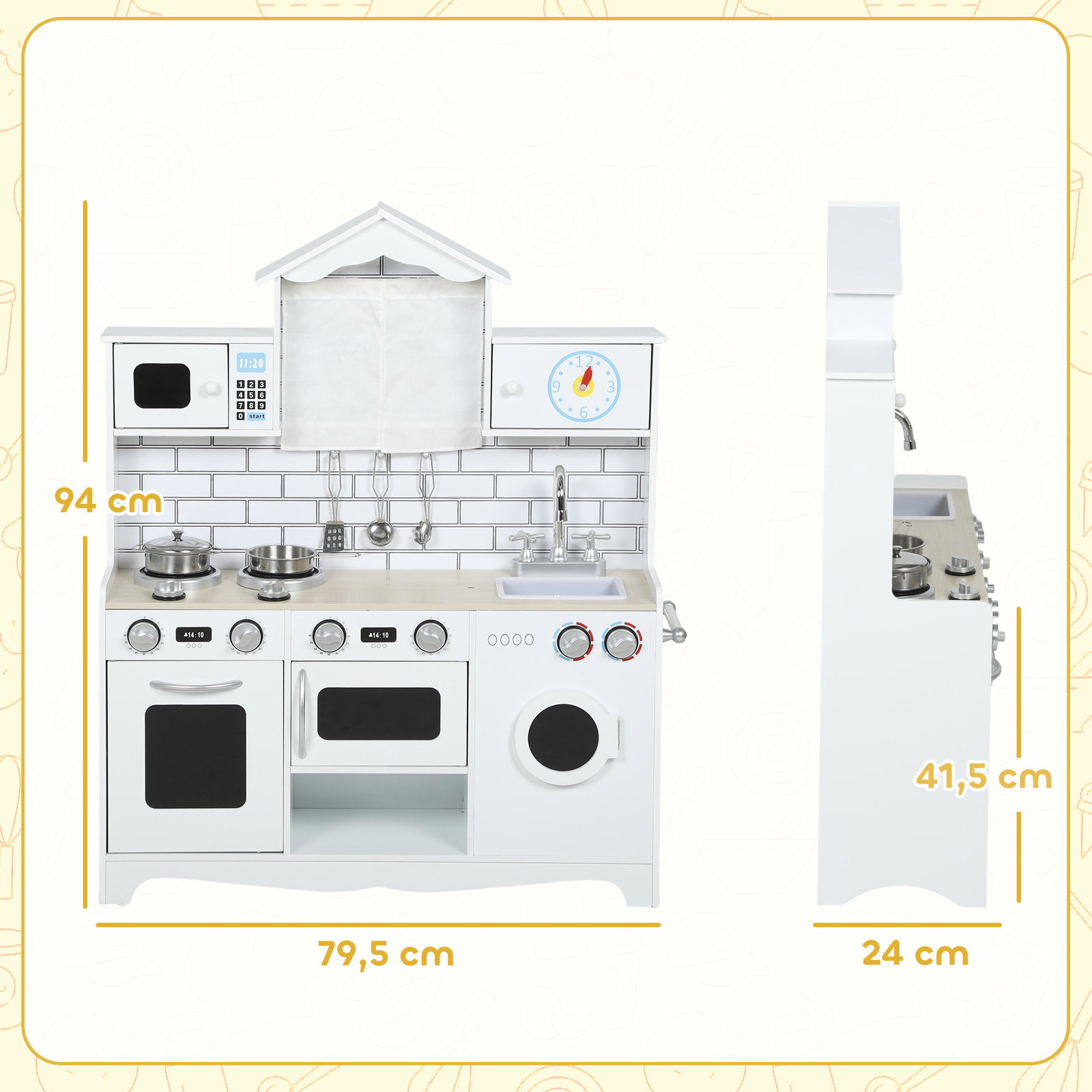 Cozinha de madeira com som cozinha de brincar com acessórios em aço inoxidável máquina de lavar micro-ondas, lava-loiça 79,5x24x94 cm branco