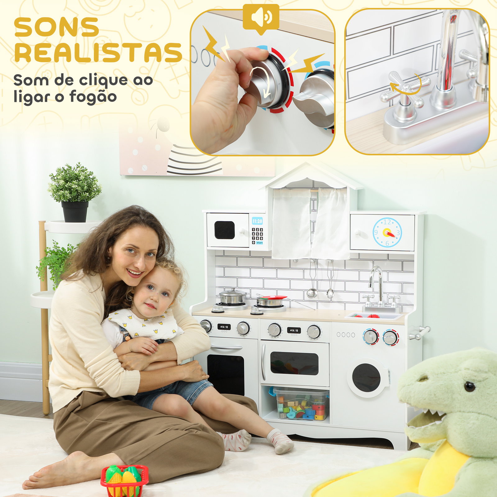 Cozinha de madeira com som cozinha de brincar com acessórios em aço inoxidável máquina de lavar micro-ondas, lava-loiça 79,5x24x94 cm branco