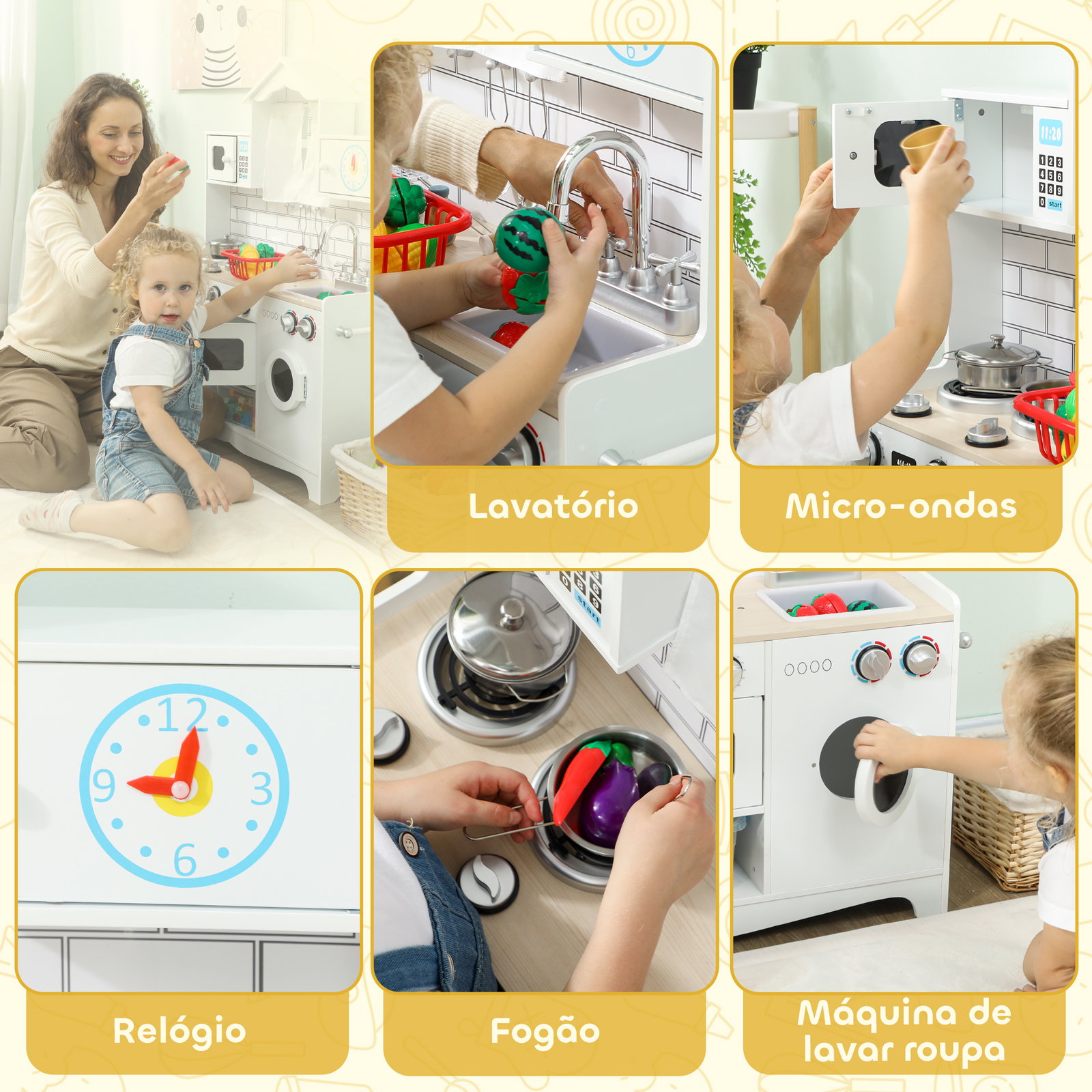 Cozinha de madeira com som cozinha de brincar com acessórios em aço inoxidável máquina de lavar micro-ondas, lava-loiça 79,5x24x94 cm branco