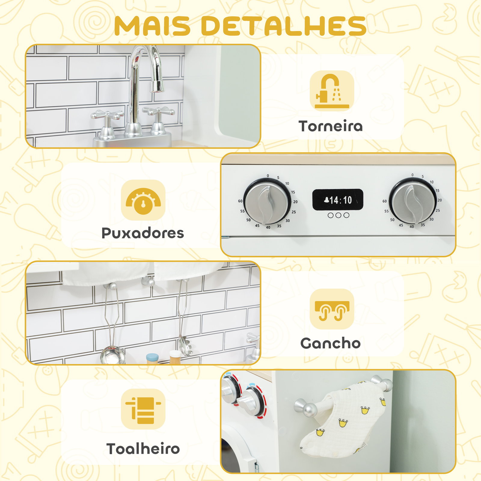 Cozinha de madeira com som cozinha de brincar com acessórios em aço inoxidável máquina de lavar micro-ondas, lava-loiça 79,5x24x94 cm branco