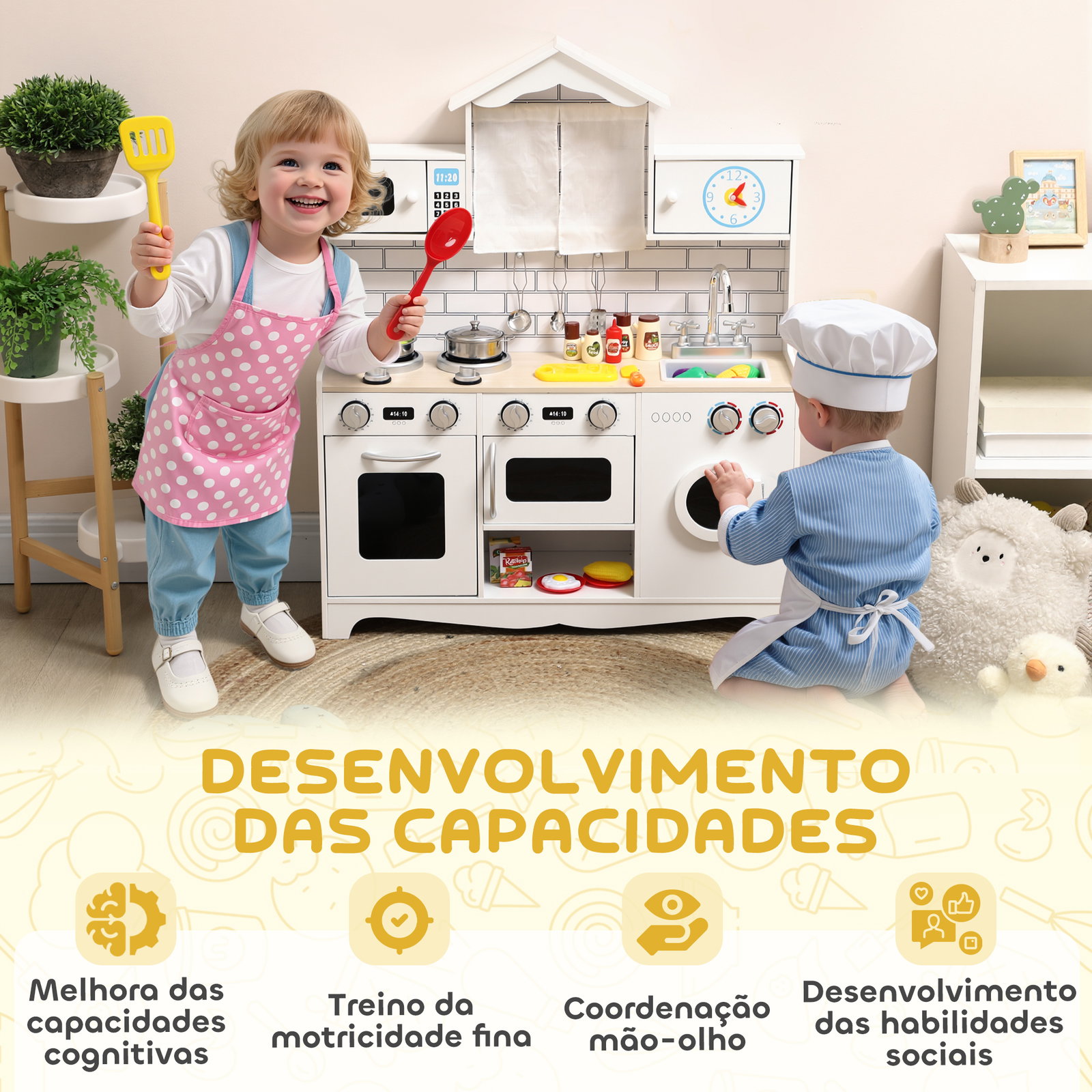 Cozinha de madeira com som cozinha de brincar com acessórios em aço inoxidável máquina de lavar micro-ondas, lava-loiça 79,5x24x94 cm branco