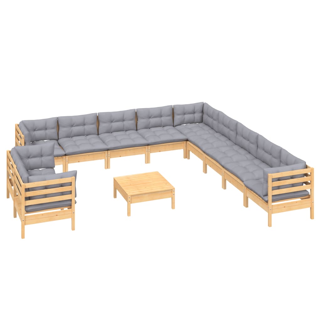 12Pcs conjunto lounge de jardim + almofadões cinza pinho maciço