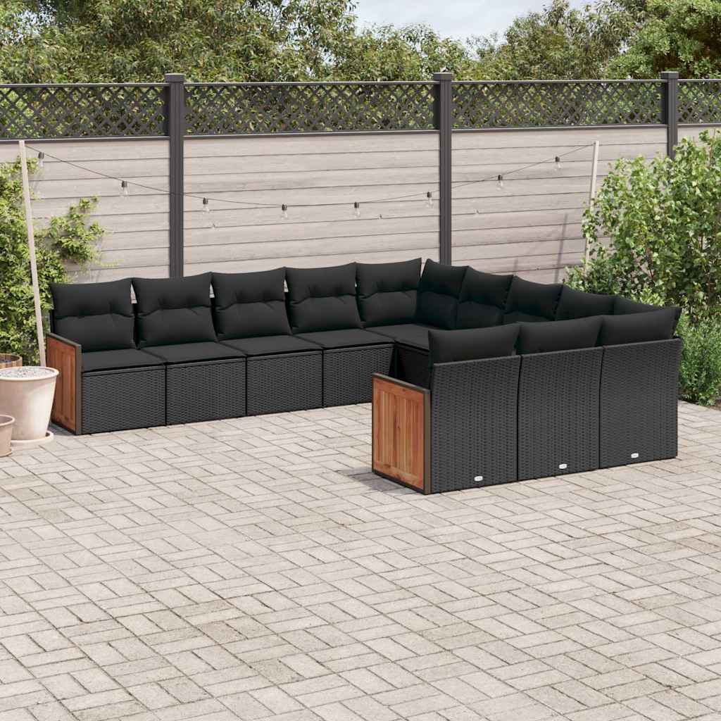11 Pcs conjunto sofás de jardim c/ almofadões vime PE preto