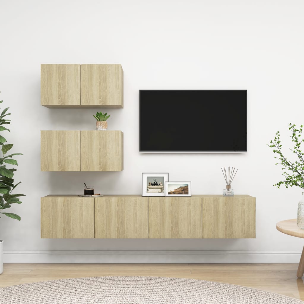 4Pcs conjunto de móveis de TV derivados madeira carvalho sonoma