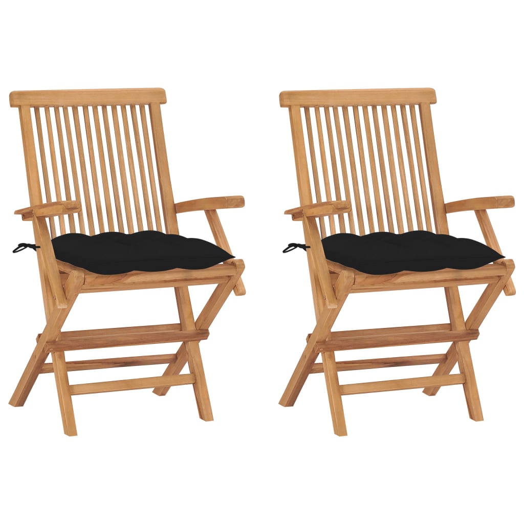 Cadeiras de jardim c/ almofadões pretos 2 pcs teca maciça