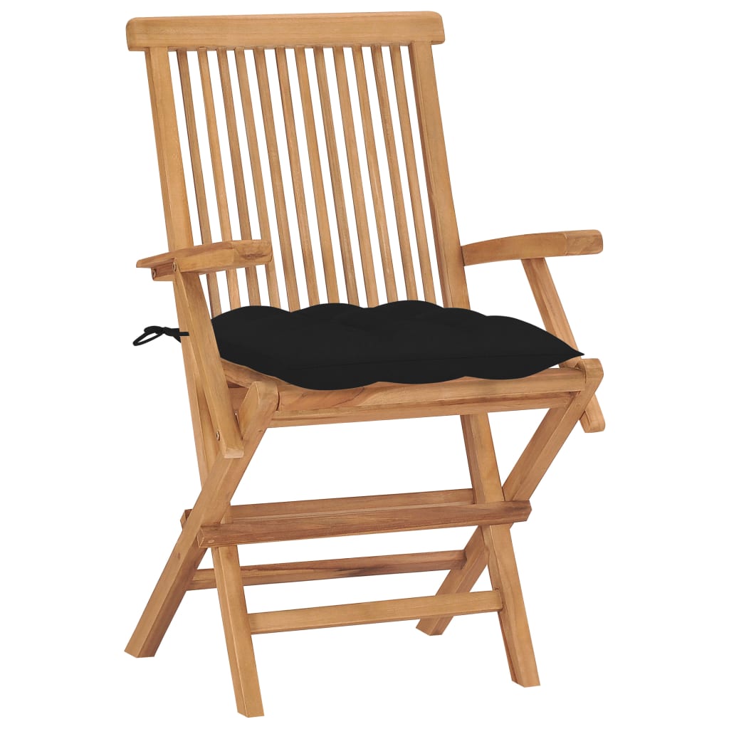 Cadeiras de jardim c/ almofadões pretos 2 pcs teca maciça