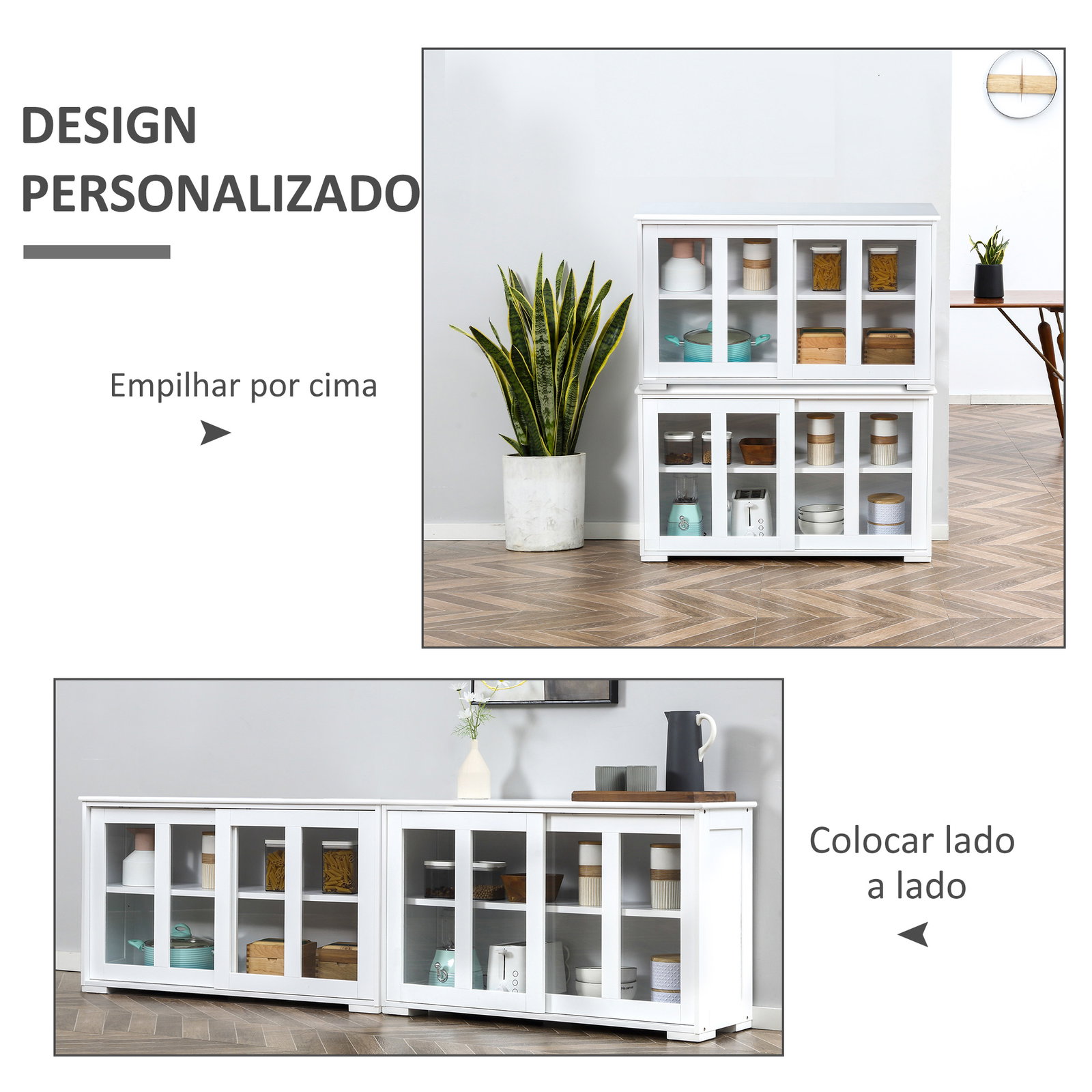Aparador de Cozinha Moderno Móvel Auxiliar com 2 Portas de Correr de Vidro e Prateleira Ajustável 107x33x62,5 cm Branco