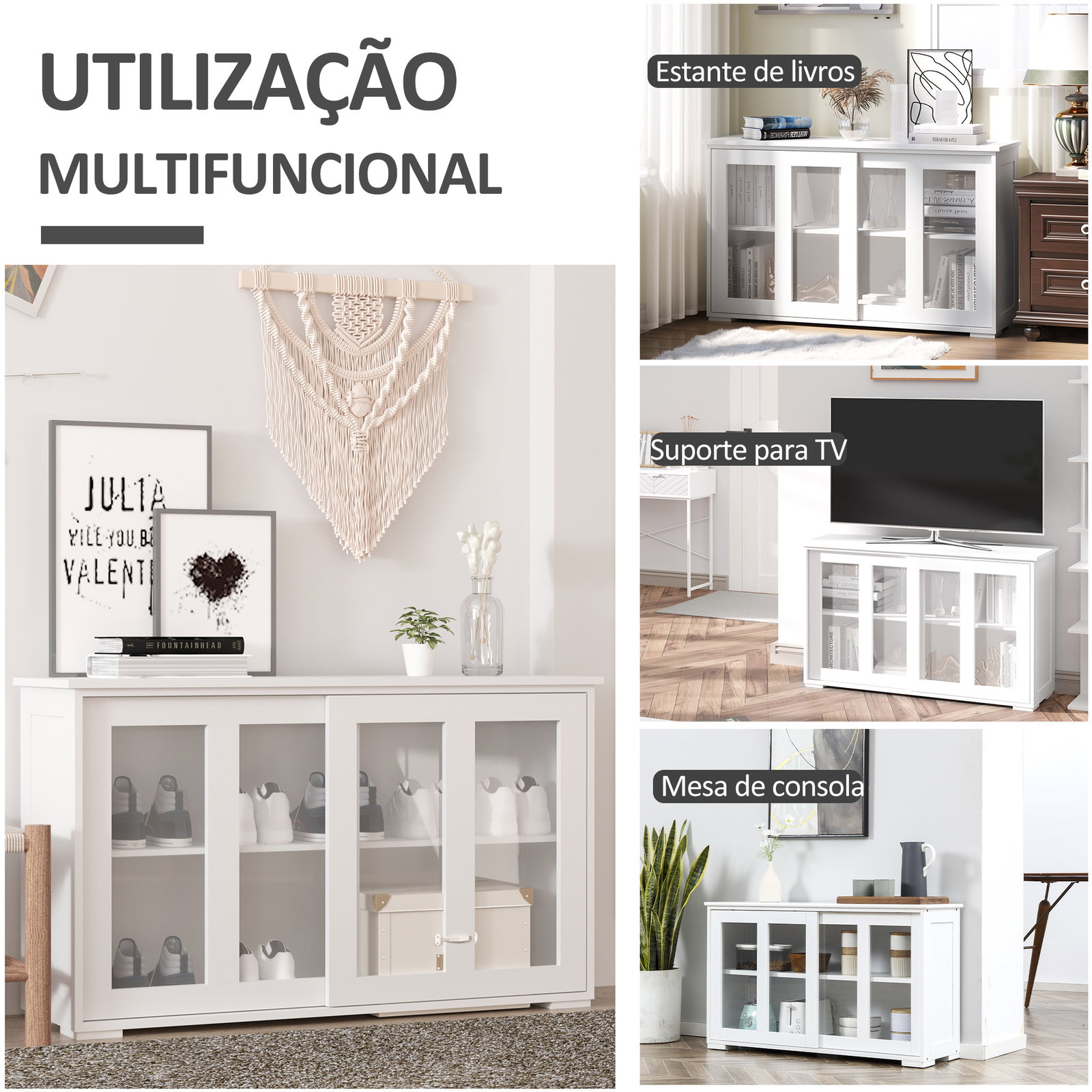 Aparador de Cozinha Moderno Móvel Auxiliar com 2 Portas de Correr de Vidro e Prateleira Ajustável 107x33x62,5 cm Branco