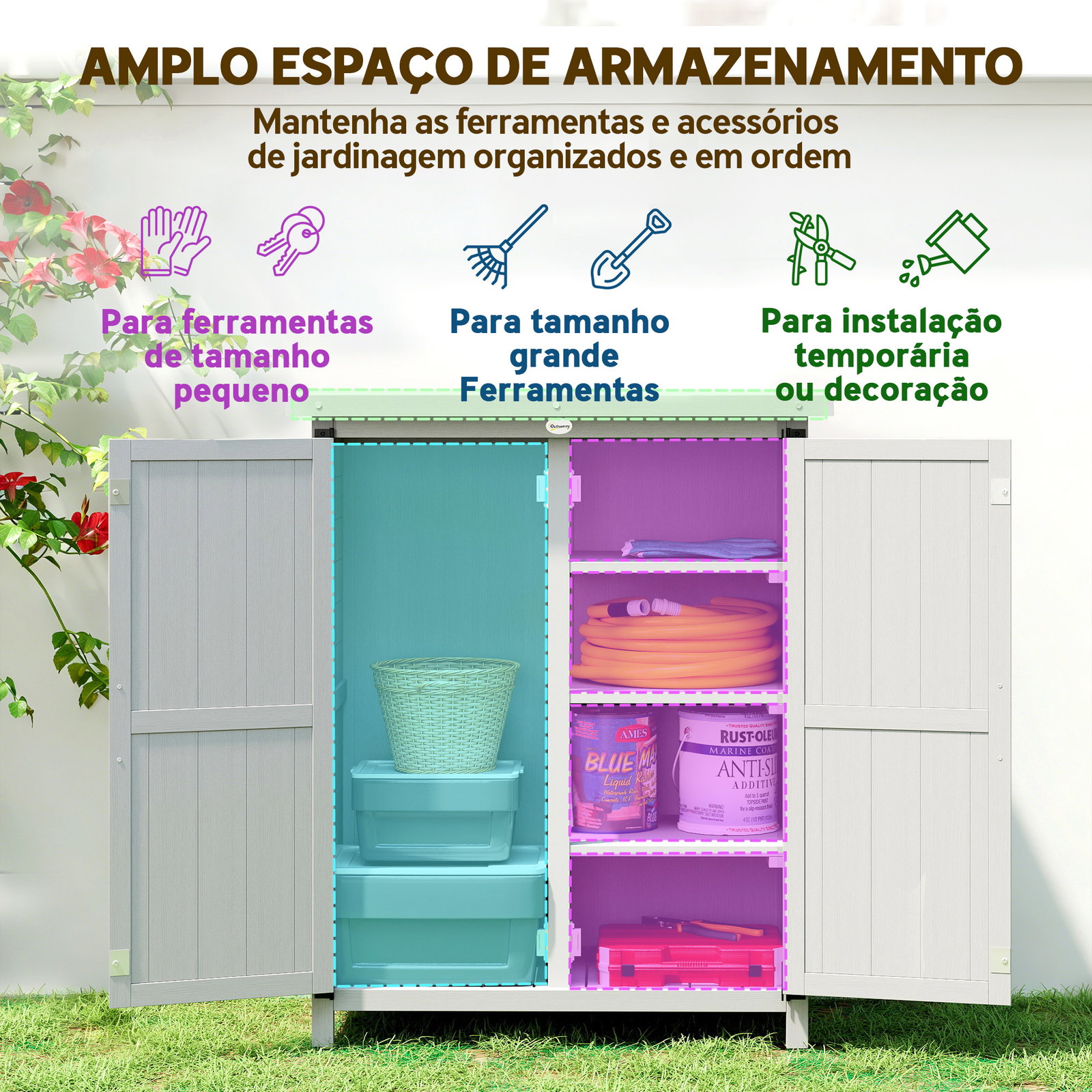 Armário de jardim de madeira 75x40x90 cm armário para armazenamento de ferramentas com 4 prateleiras 2 portas cinzento