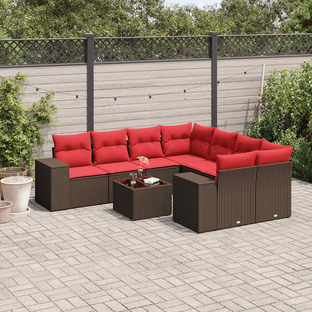 Conjunto de sofá de jardim com 9 peças e almofadas em rattan sintético marrom