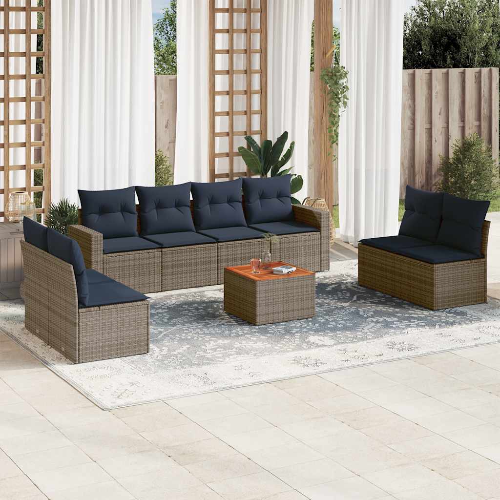 9 Pcs conjunto sofás p/ jardim c/ almofadões vime PE cinzento