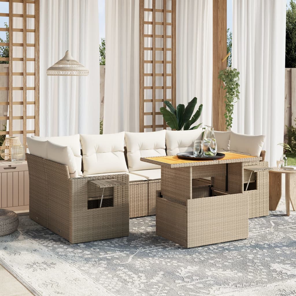 7 Pcs conjunto de sofás p/ jardim com almofadões vime PE bege