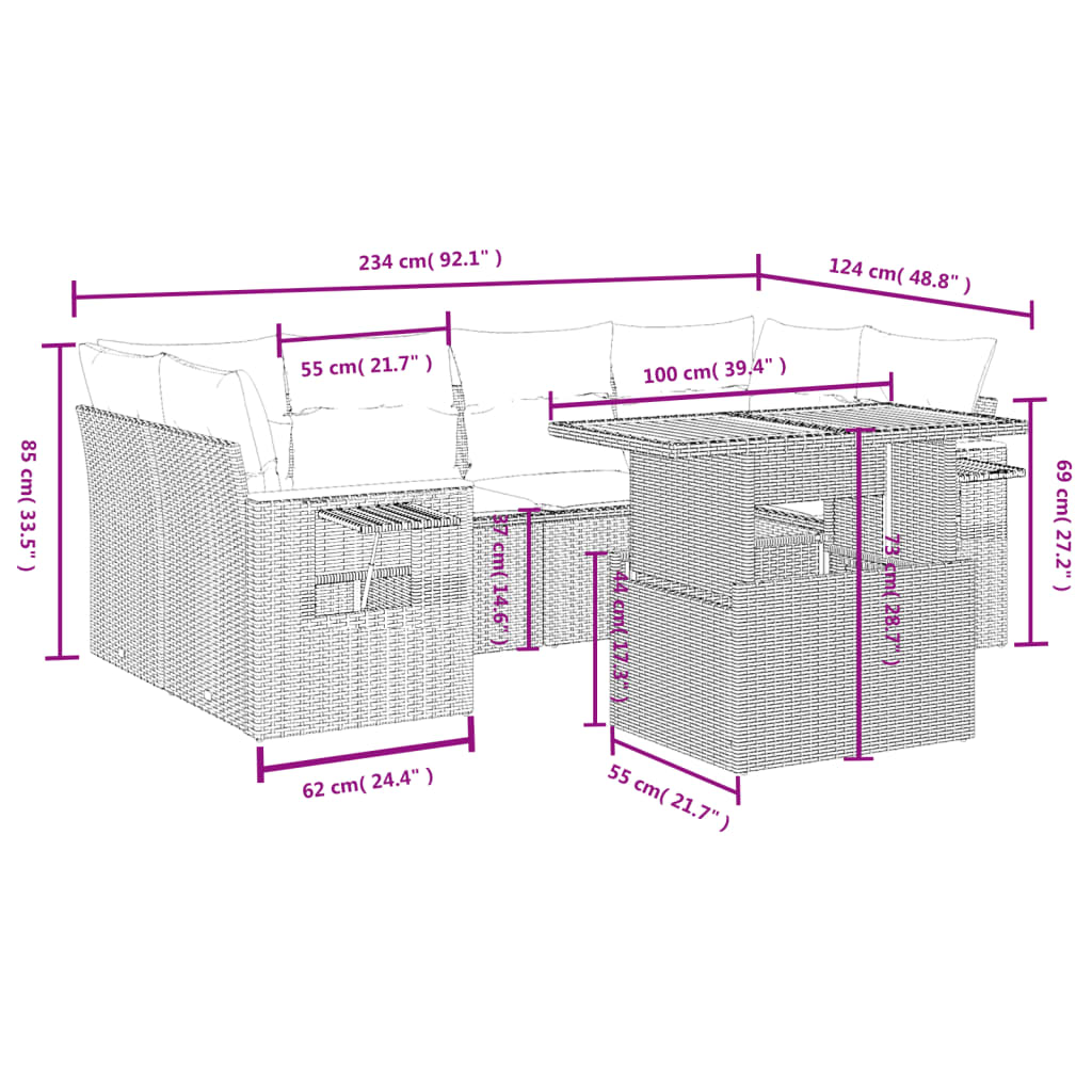 7 Pcs conjunto de sofás p/ jardim com almofadões vime PE bege