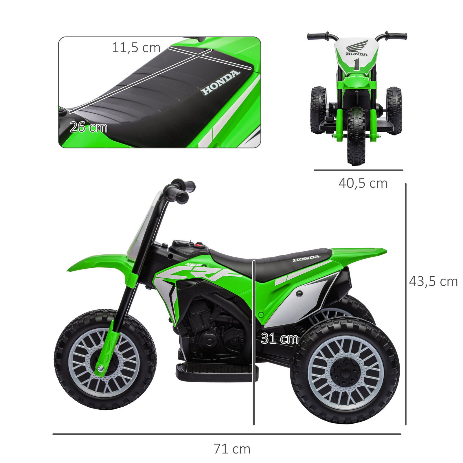 Mota elétrica com licença honda crf450rl bateria 6v com velocidade 3km/h buzina e som de arranque 71x40,5x43,5 cm verde