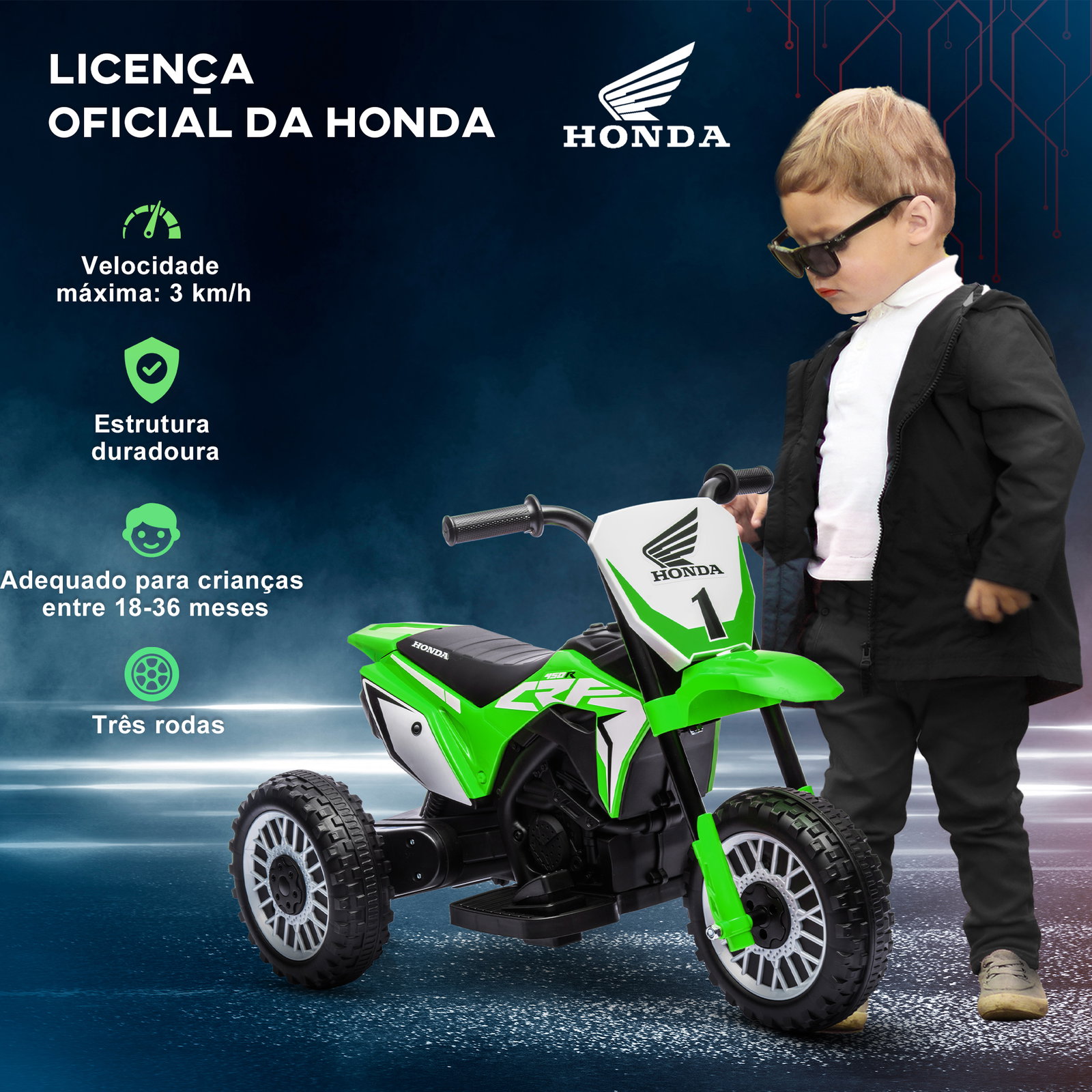 Mota elétrica com licença honda crf450rl bateria 6v com velocidade 3km/h buzina e som de arranque 71x40,5x43,5 cm verde