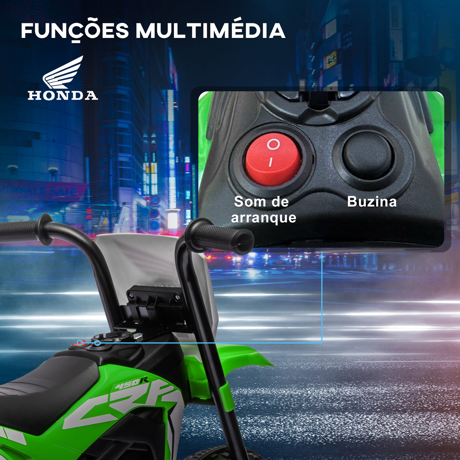 Mota elétrica com licença honda crf450rl bateria 6v com velocidade 3km/h buzina e som de arranque 71x40,5x43,5 cm verde