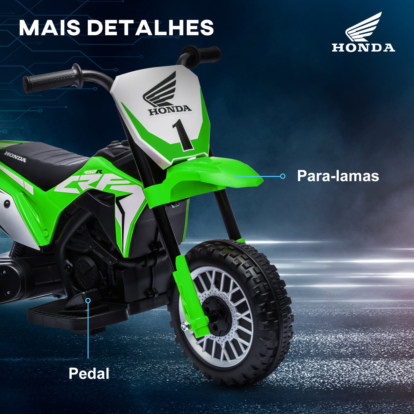 Mota elétrica com licença honda crf450rl bateria 6v com velocidade 3km/h buzina e som de arranque 71x40,5x43,5 cm verde