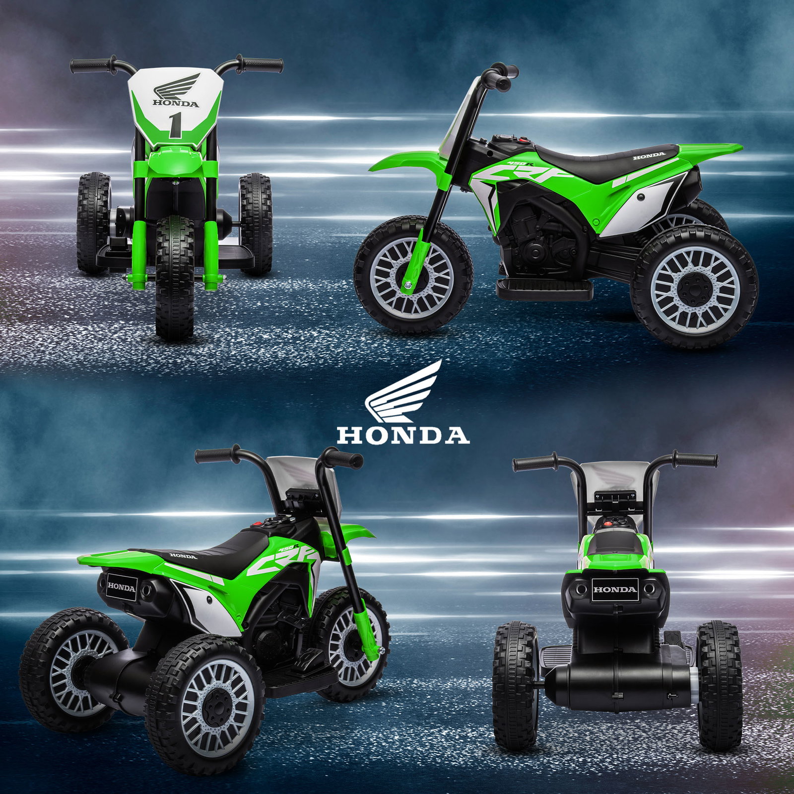 Mota elétrica com licença honda crf450rl bateria 6v com velocidade 3km/h buzina e som de arranque 71x40,5x43,5 cm verde