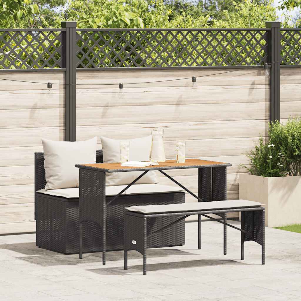 3 Pcs conjunto de jantar p/ jardim c/ almofadões vime PE preto