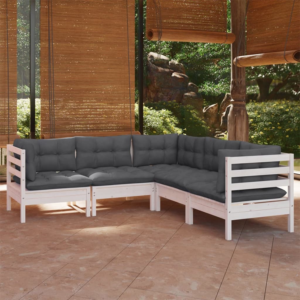 5 Pcs conj. lounge de jardim c/ almofadões pinho maciço branco