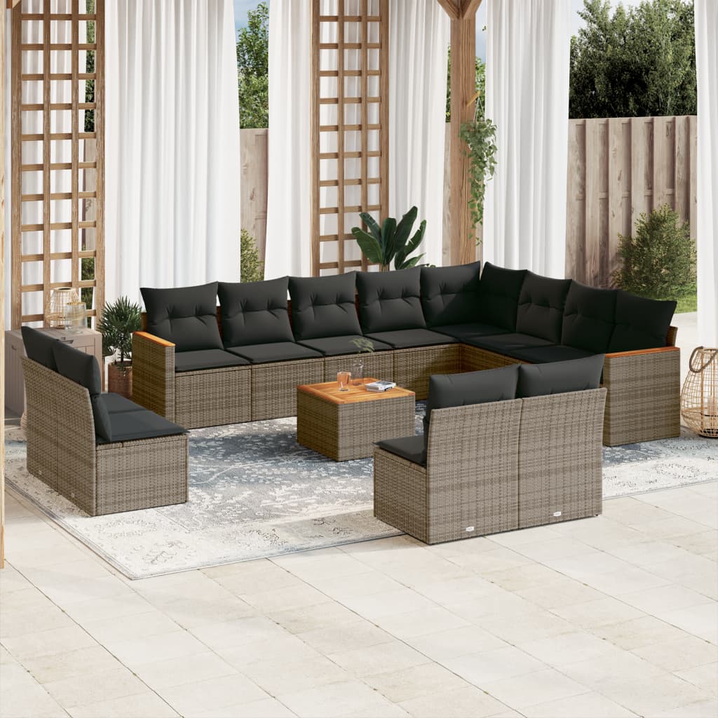 13 Pcs conjunto sofás p/ jardim c/ almofadões vime PE cinzento