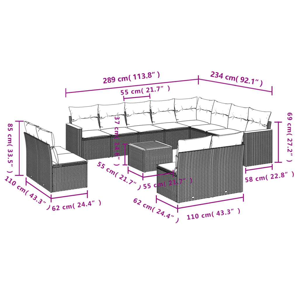 13 Pcs conjunto sofás p/ jardim c/ almofadões vime PE cinzento