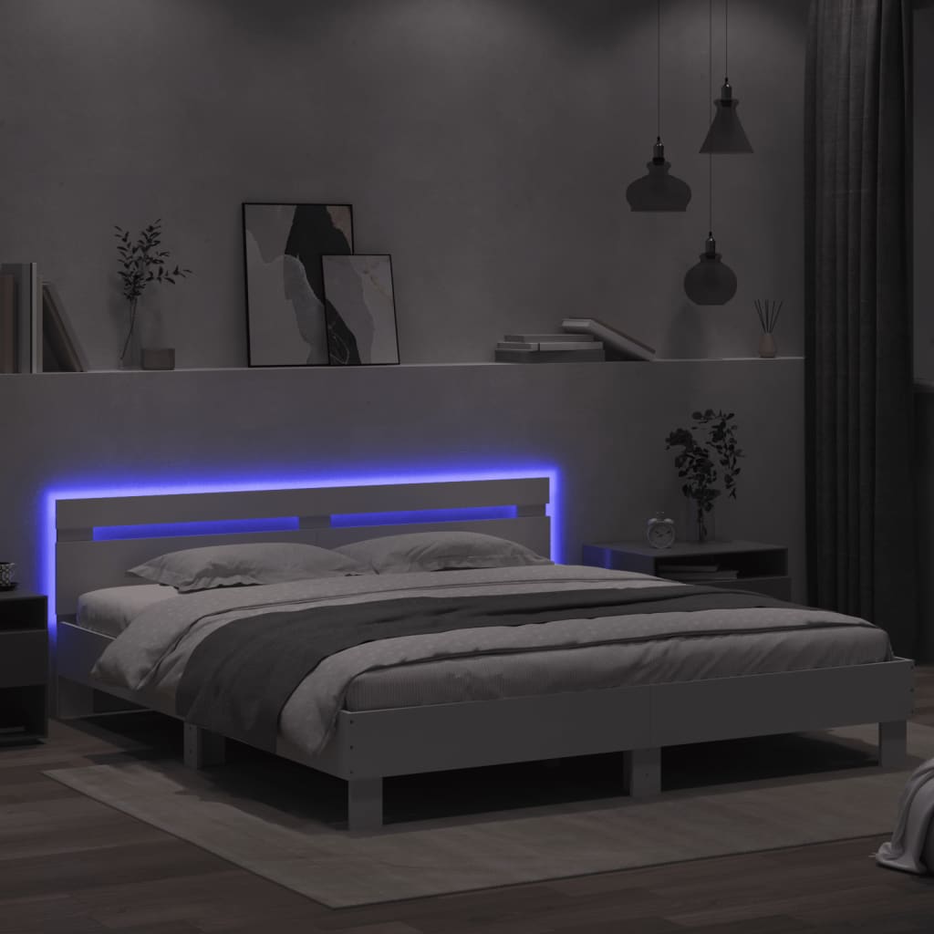 Estrutura de cama com cabeceira e luzes LED 160x200 cm branco