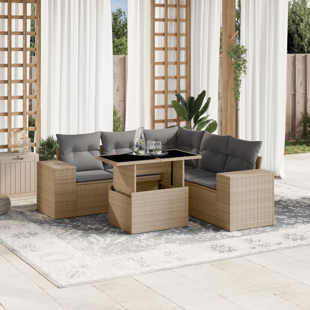 6 Pcs conjunto de sofás p/ jardim com almofadões vime PE bege