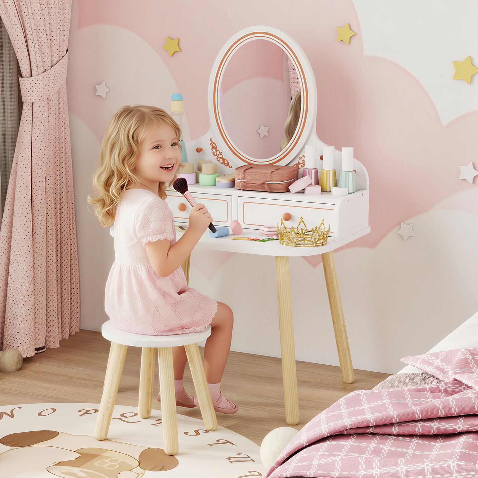 Toucador infantil de maquilhagem com banqueta e espelho 2 gavetas e barras para pendurar dos 3 aos 8 anos, branco