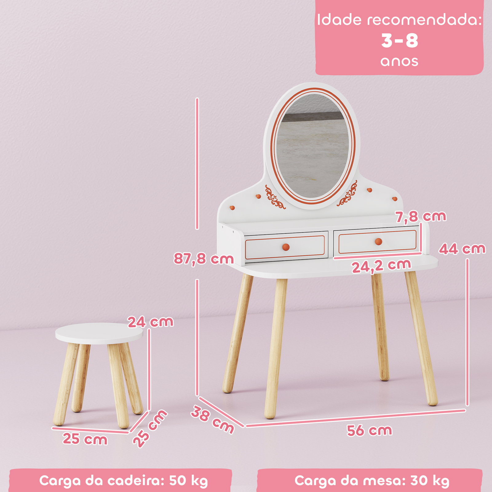 Toucador infantil de maquilhagem com banqueta e espelho 2 gavetas e barras para pendurar dos 3 aos 8 anos, branco