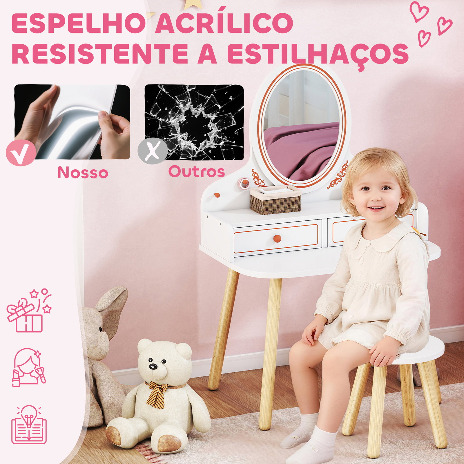 Toucador infantil de maquilhagem com banqueta e espelho 2 gavetas e barras para pendurar dos 3 aos 8 anos, branco