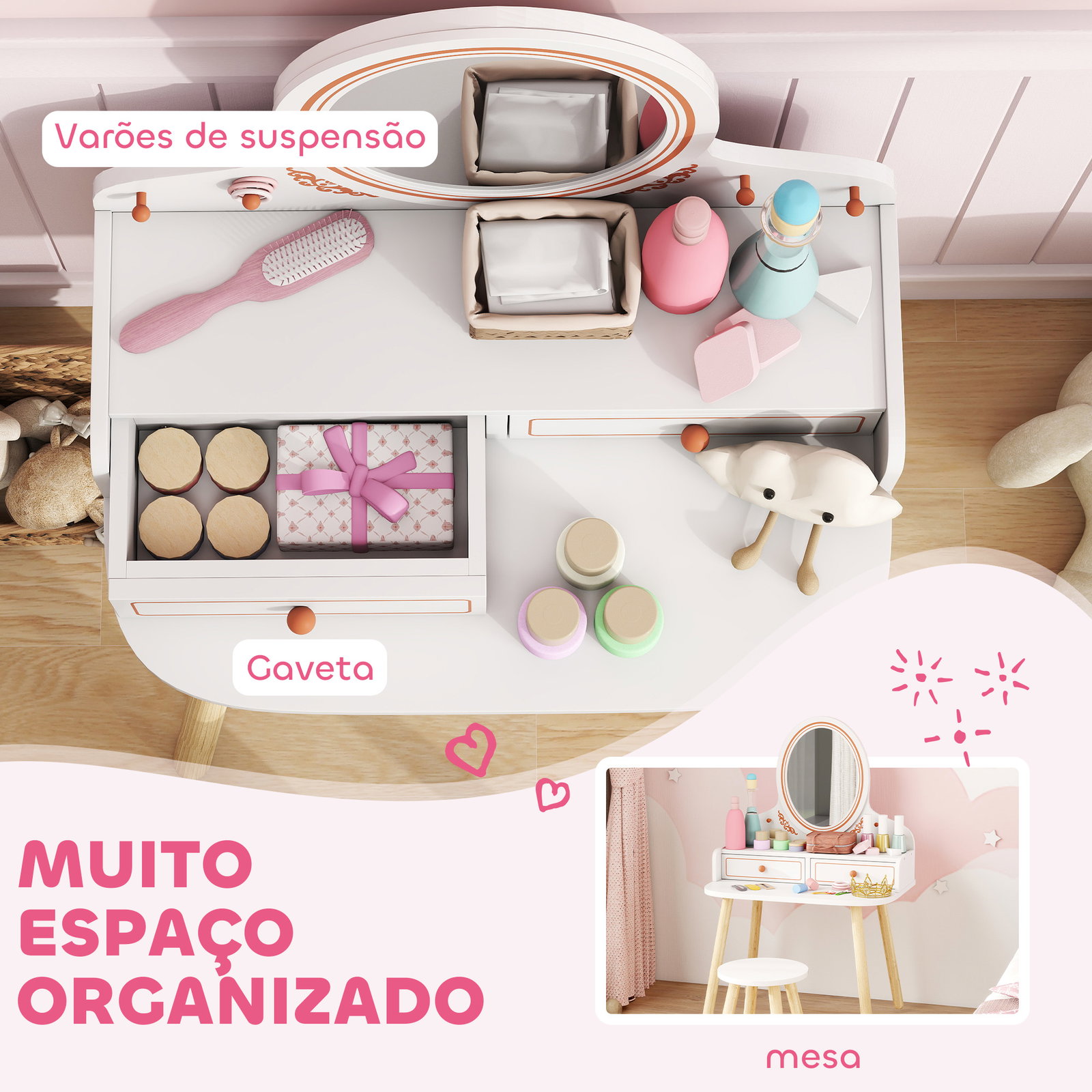 Toucador infantil de maquilhagem com banqueta e espelho 2 gavetas e barras para pendurar dos 3 aos 8 anos, branco