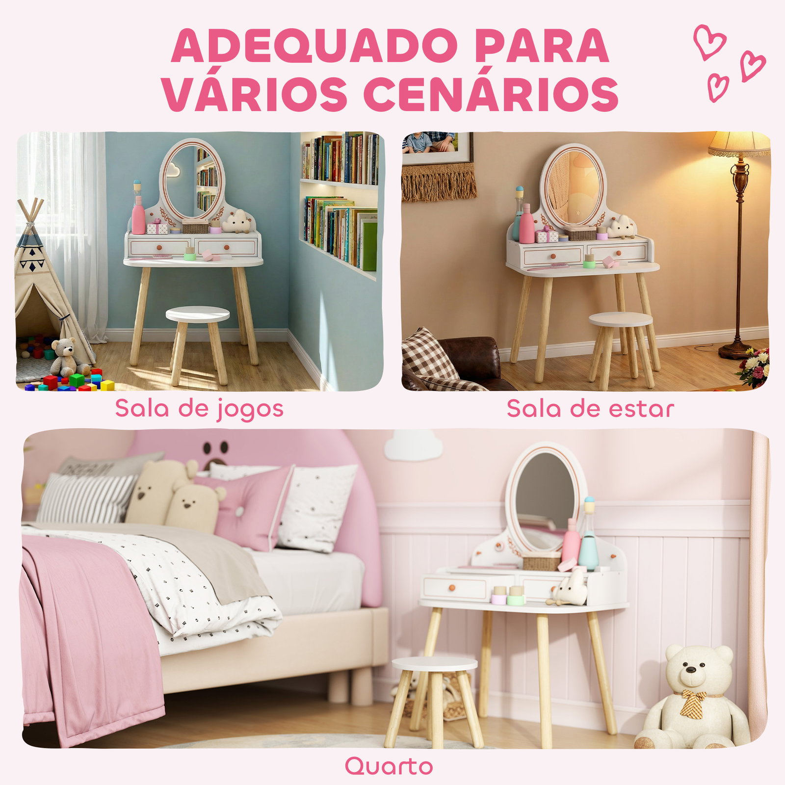 Toucador infantil de maquilhagem com banqueta e espelho 2 gavetas e barras para pendurar dos 3 aos 8 anos, branco