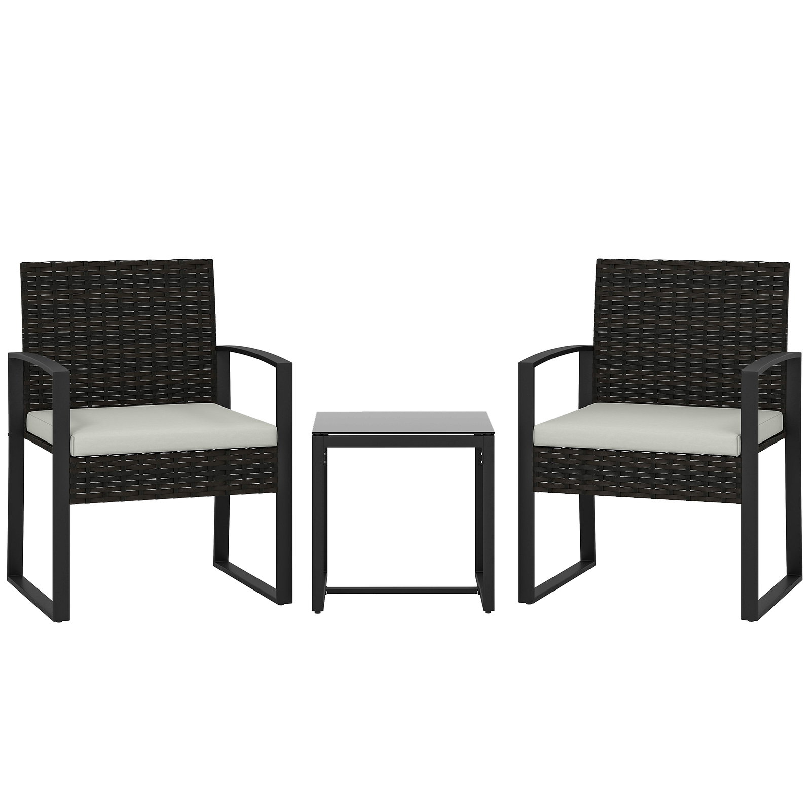 Conjunto de móveis de exterior de 3 peças em vime PE com cadeiras mesa de vidro temperado e almofadas marrom e creme