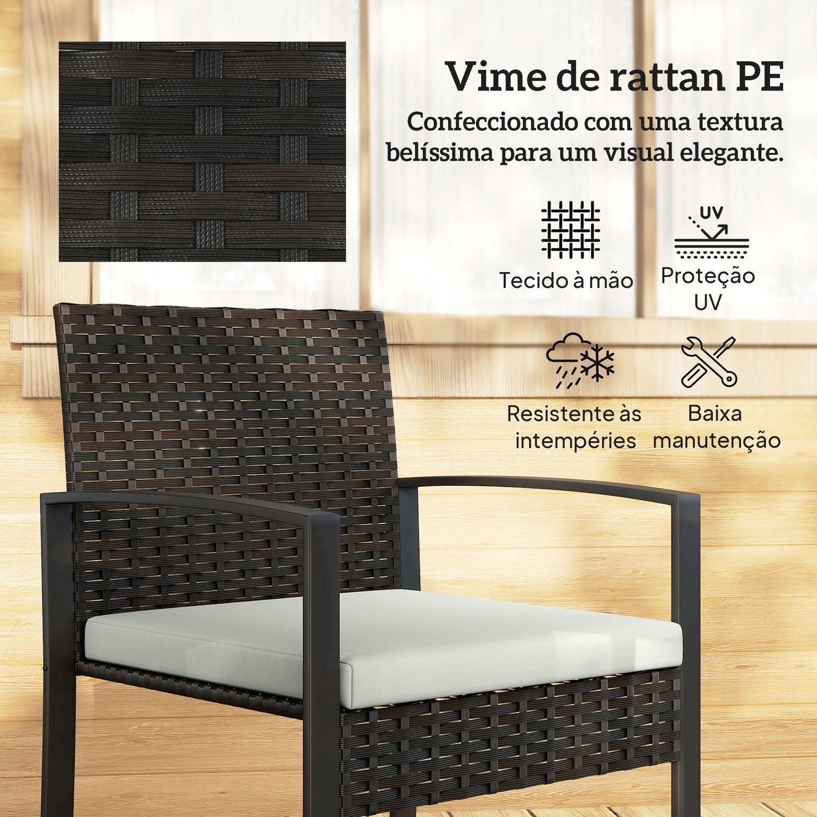 Conjunto de móveis de exterior de 3 peças em vime PE com cadeiras mesa de vidro temperado e almofadas marrom e creme