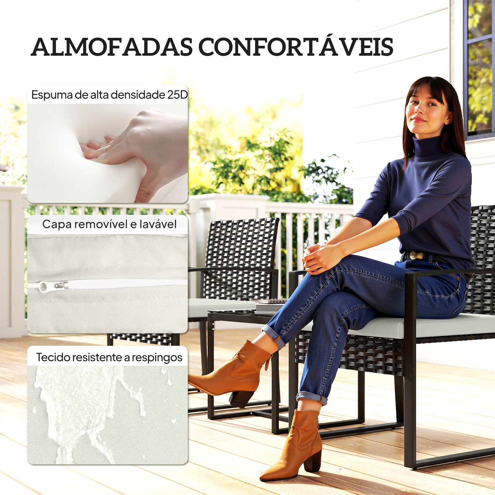 Conjunto de móveis de exterior de 3 peças em vime PE com cadeiras mesa de vidro temperado e almofadas marrom e creme