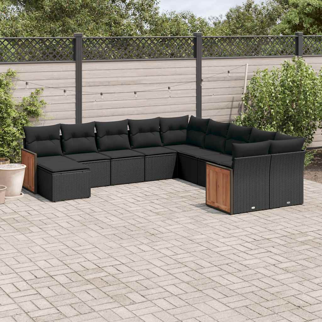 11 Pcs conjunto sofás de jardim c/ almofadões vime PE preto