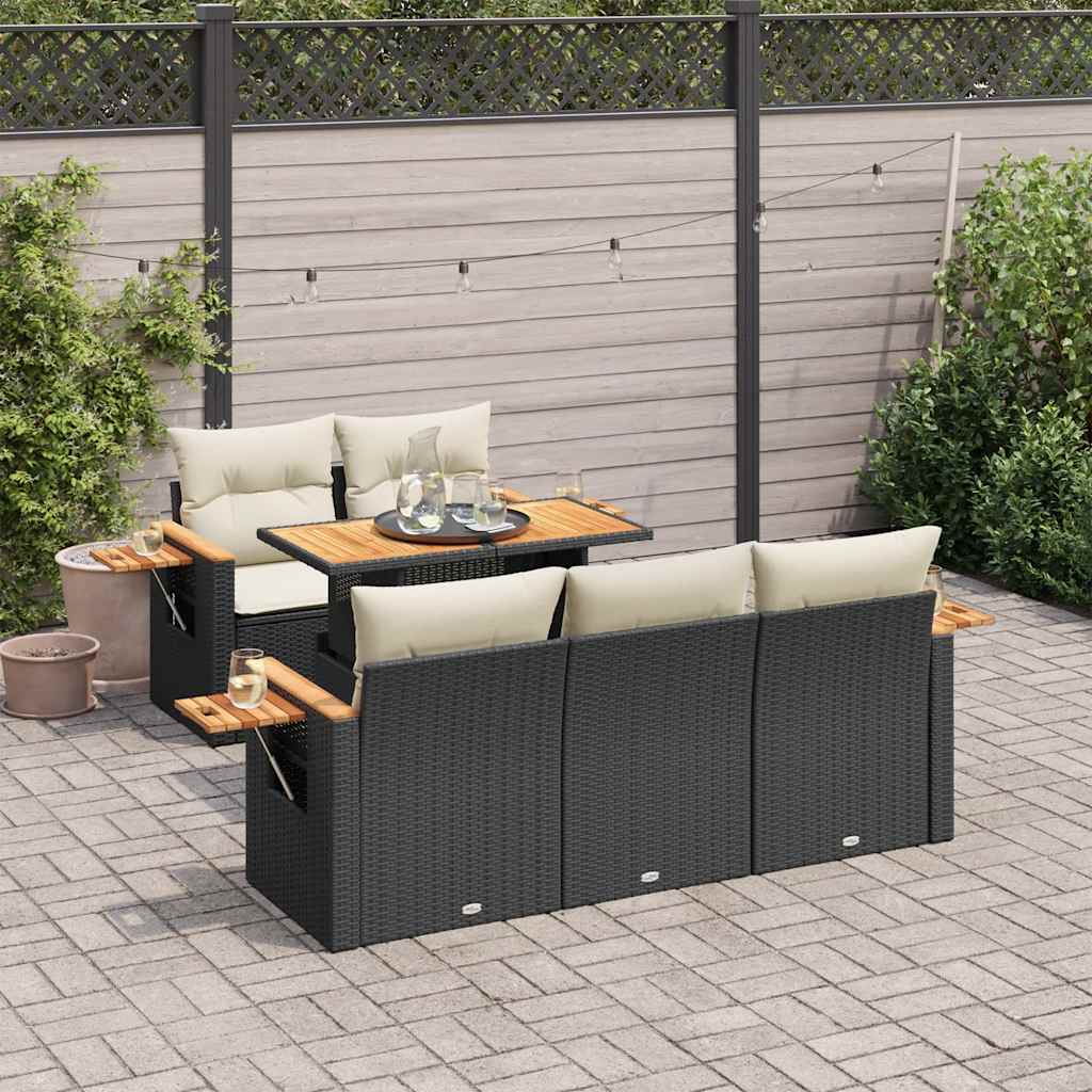 6 Pcs conjunto sofás jardim c/ almofadões vime PE/acácia preto
