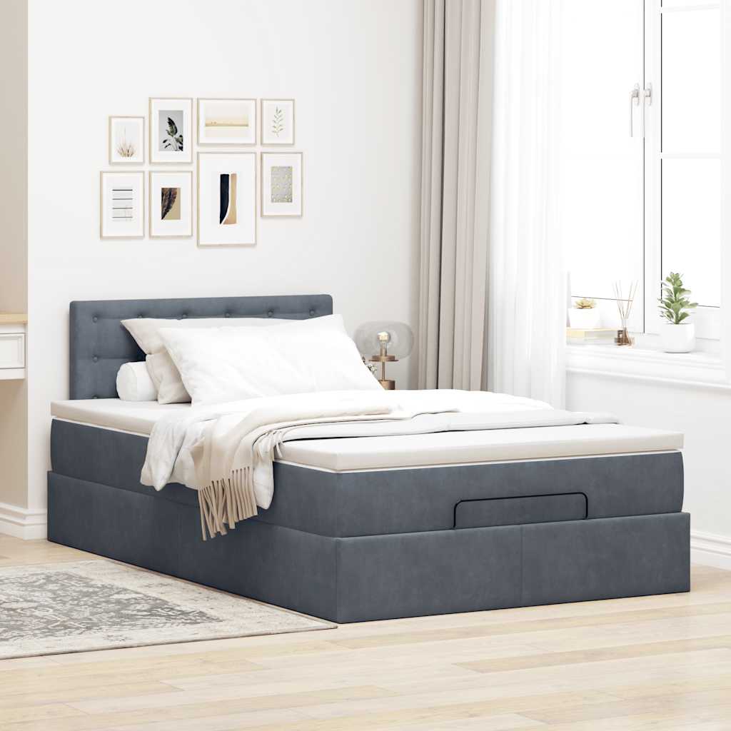 Estrutura de cama otomana com colchão cinza escuro veludo